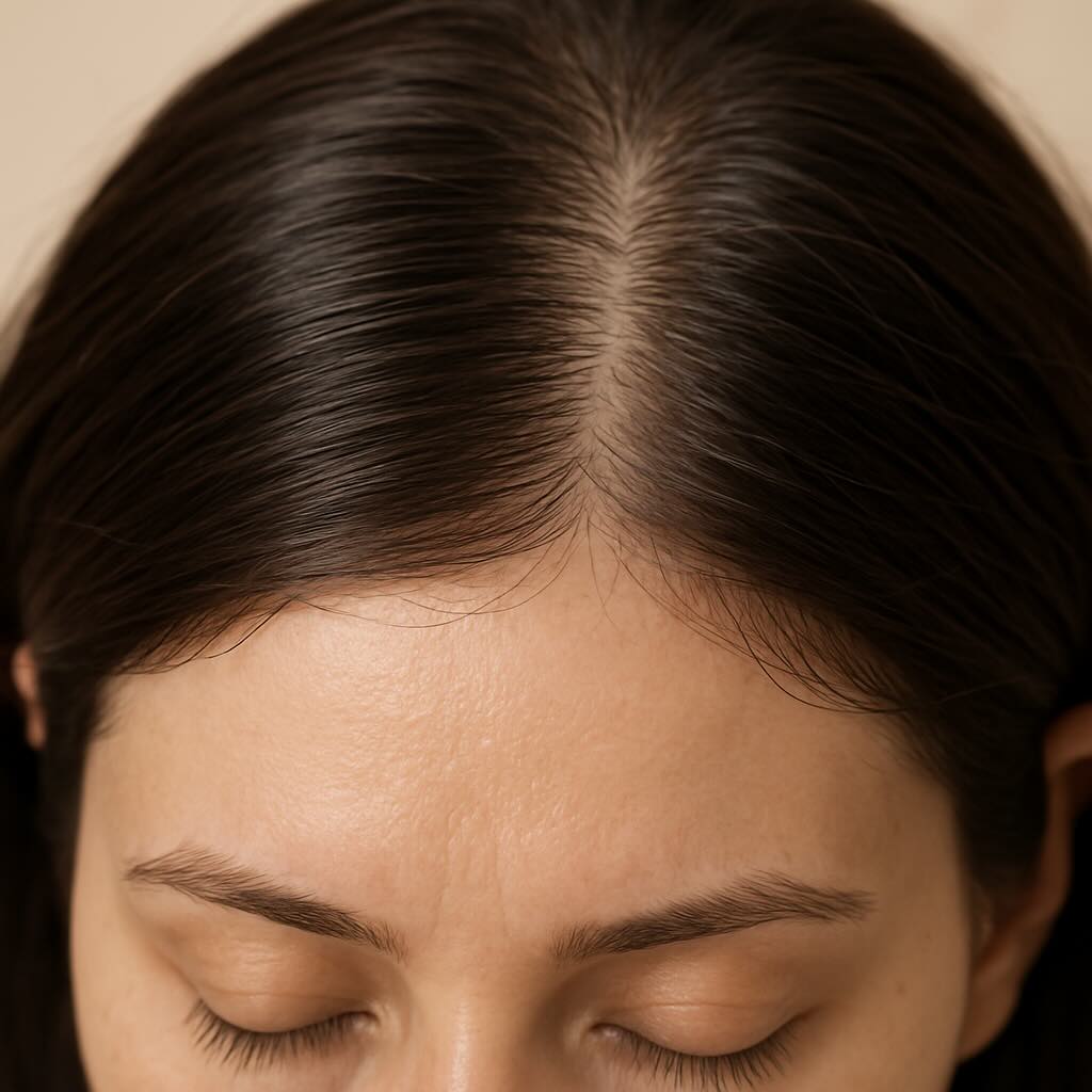 Close-up image of healthy scalp with no dandruff flakes